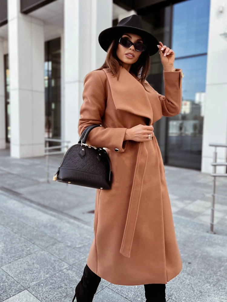 2023 סתיו/חורף החדשה של נשים מוצק צבע פשוט שרוול ארוך מעיל רוח V-כפתור המעיל לשרוך צמר מעיל ארוך בסגנון