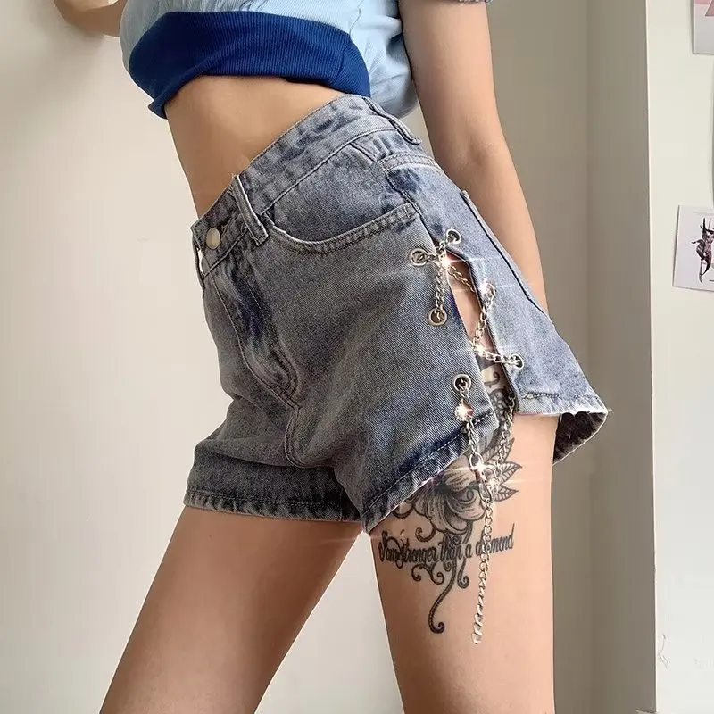 שרשרת נשים מכנסיים קצרים Hotsweet סקסי קריס-קרוס סלים בסגנון אירופאי רטרו היפ הופ אופנת רחוב, אופנה Harajuku הקיץ ג ' ינס בגדים