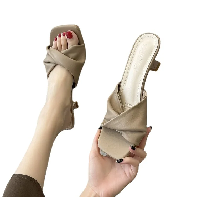 קרוס-קשורים נשים נעלי נעלי חיצונית Pantofle נמוך דק עקבים שקופיות 2023 בד רומא בסיסי רטרו גומי PU פרסה נקבה נעליים