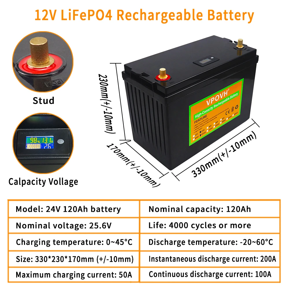 12V 24V סוללת LiFePO4 280AH 220Ah 120Ah מובנה BMS ליתיום ברזל פוספט תאים 4000+ מחזורים עבור עגלת גולף RV שמש + מטען