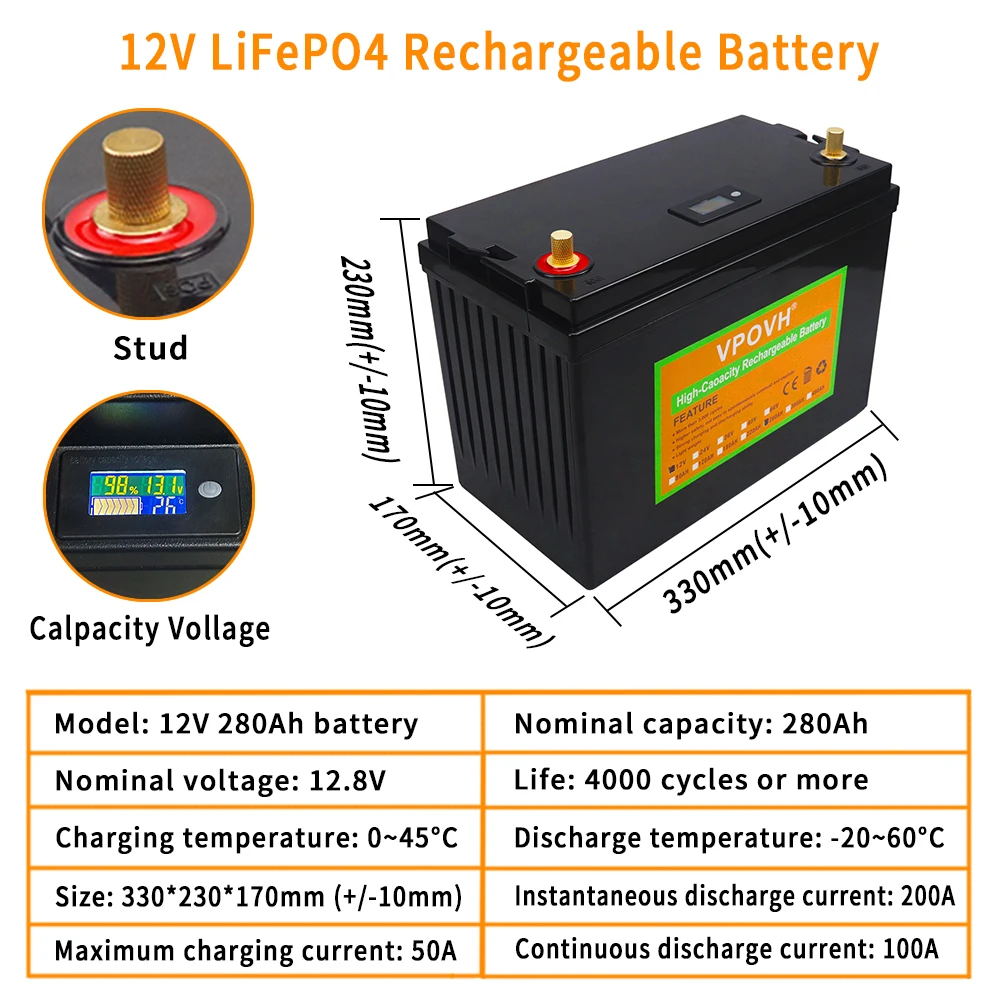 12V 24V סוללת LiFePO4 280AH 220Ah 120Ah מובנה BMS ליתיום ברזל פוספט תאים 4000+ מחזורים עבור עגלת גולף RV שמש + מטען