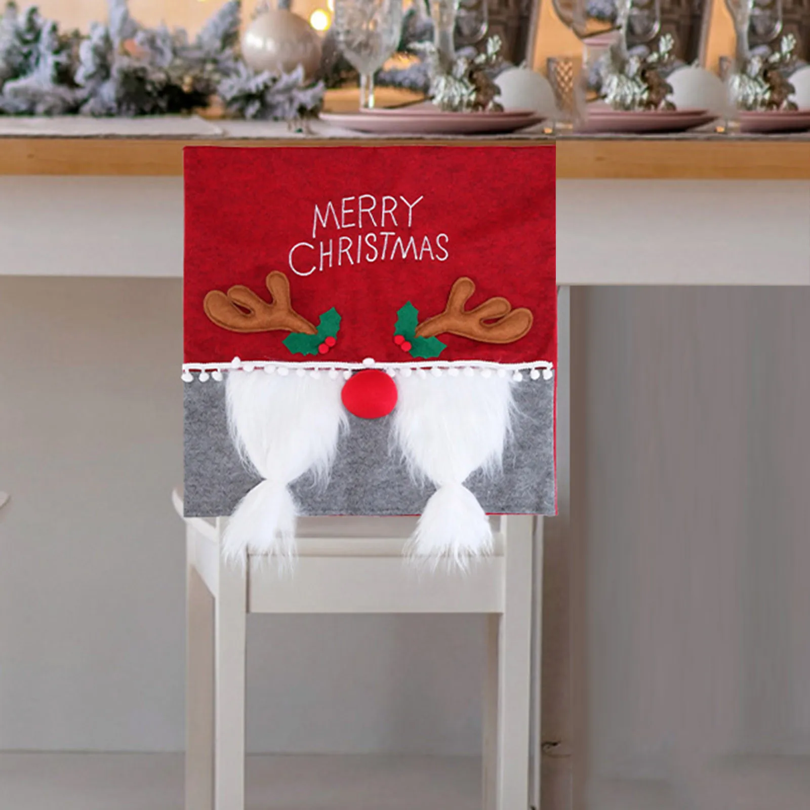 חג המולד הדפסה הכיסא לכסות את הכיסוי האחורי רקמה גמד חסר פנים בובה מסיבת חג המולד שולחן פריסת שולחן כיסא לכסות L5