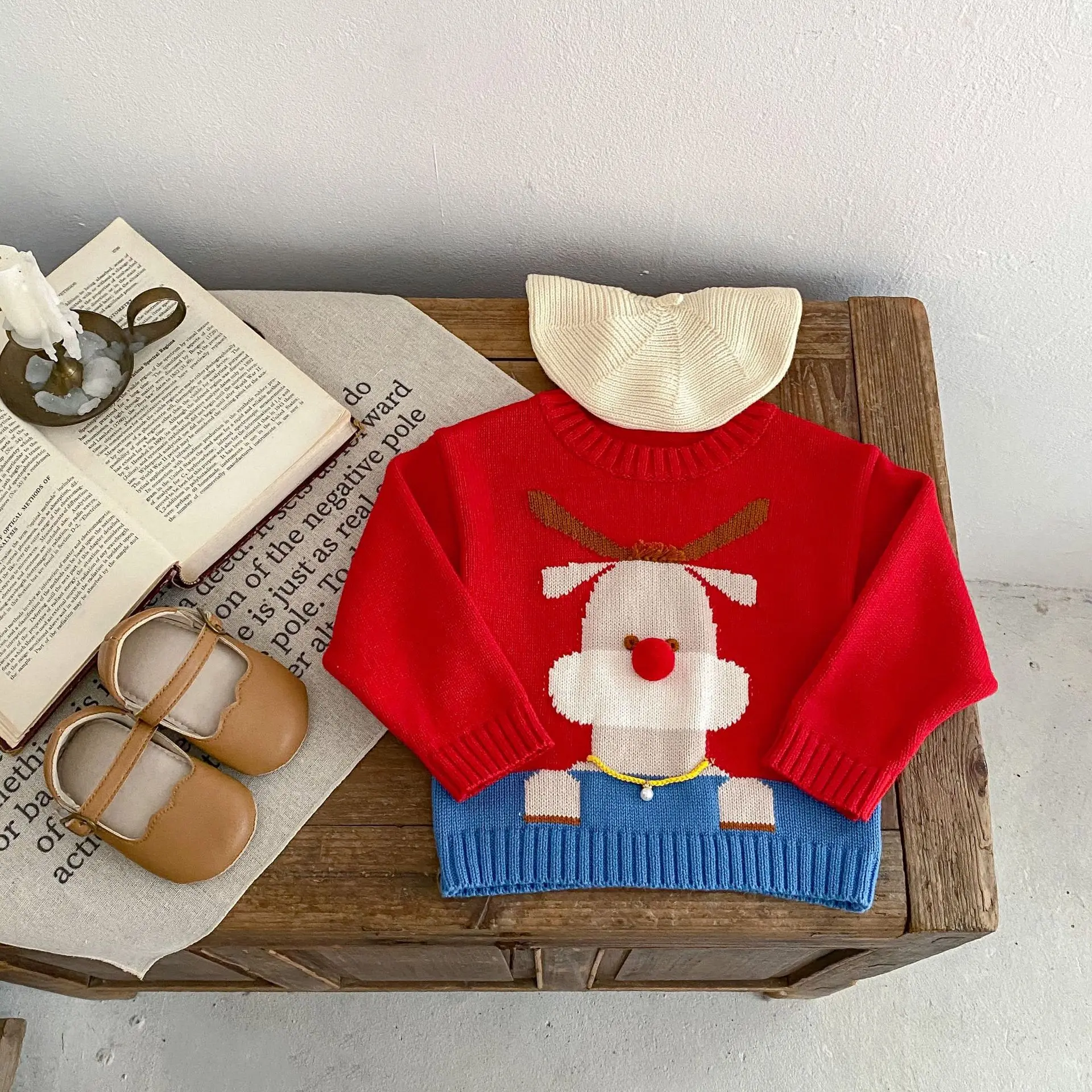 תוספות 2023 סתיו ילדה סוודר כותנה סרוגים אדום חג המולד אייל אקארד שרוול ארוך לתינוק בנות לכל היותר פעוטה Pullovers