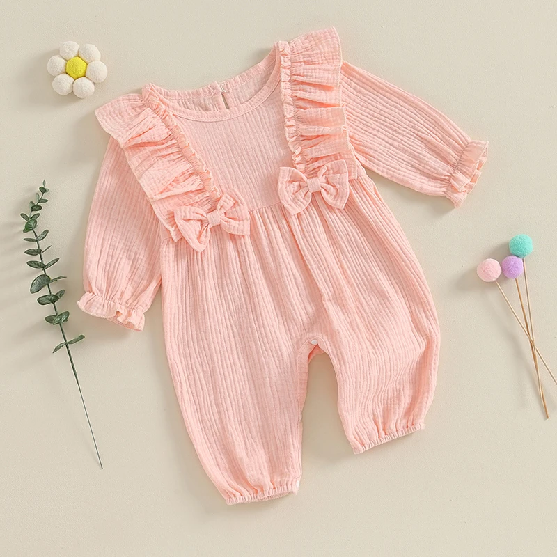 התינוקת שנולדה הילדה Romper כותנה פשתן סרבל לפרוע שרוול ארוך בגד גוף Playsuit התינוק ליפול בגדים