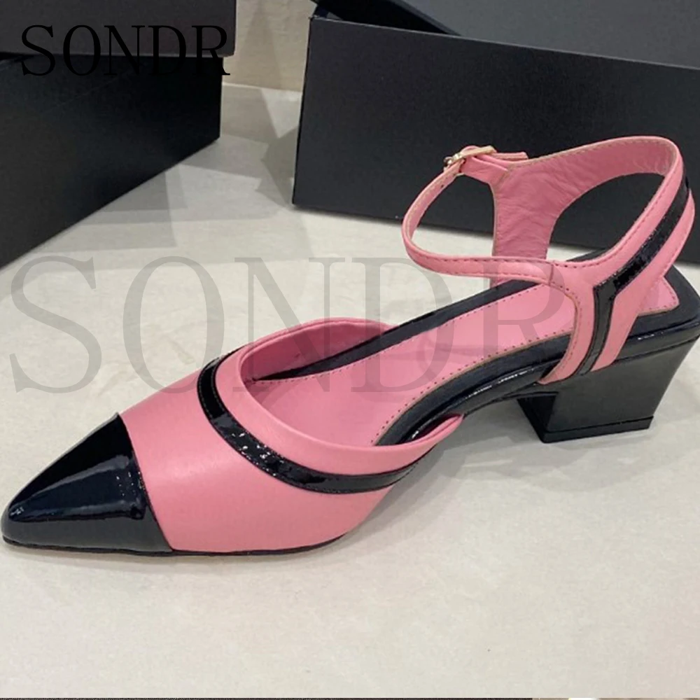 מותג היוקרה נשים סנדלים רדוד נעלי עור אמיתי 2022 חדש קיץ מעורב צבע עבה גברת נעלי יחיד Slingback סנדלים