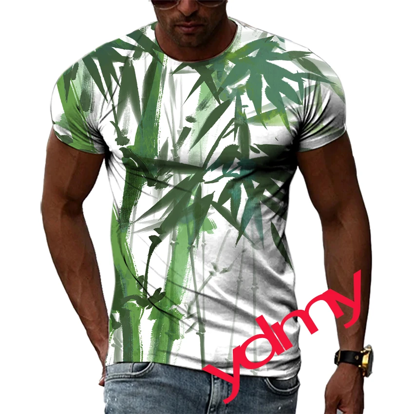 קיץ פנאי הבמבוק הסיני דפוס חולצת הטריקו של הגברים היפ הופ הדפסת 3D אישיות מוט צוואר קצר שרוול חולצות אופנה בגדים
