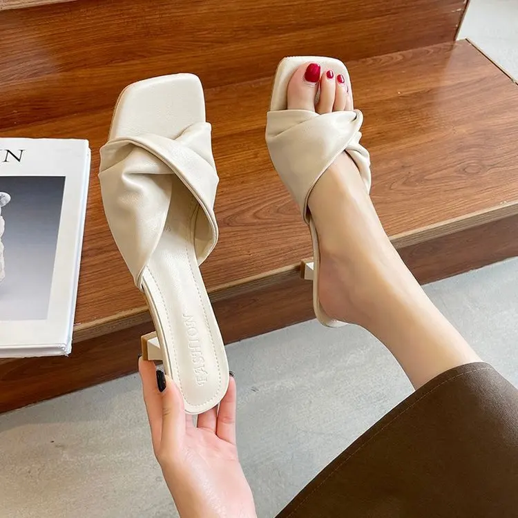 קרוס-קשורים נשים נעלי נעלי חיצונית Pantofle נמוך דק עקבים שקופיות 2023 בד רומא בסיסי רטרו גומי PU פרסה נקבה נעליים