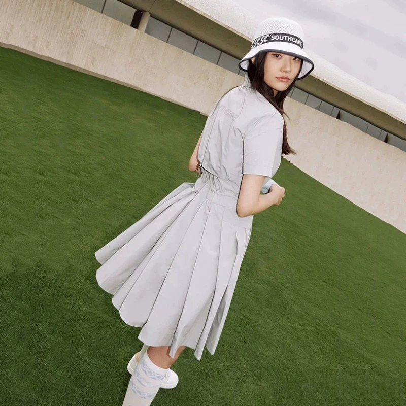 קוריאני גולף נשים מוצק צבע דש שרוול קצר המותניים מעיל ארוך חצאית קלוש הלבוש