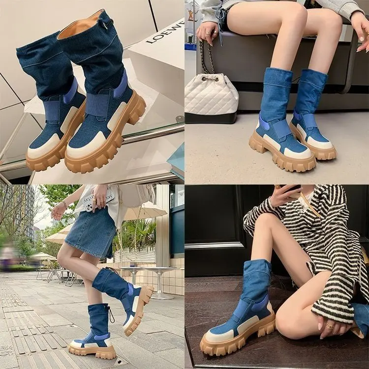 חדש 2023 סתיו נשים מגפי קרסול אופנה קאובוי אביר אתחול פאנק הגותי קלאסי ג ' ינס נעלי בד נמוך גותי נעלי פלטפורמה
