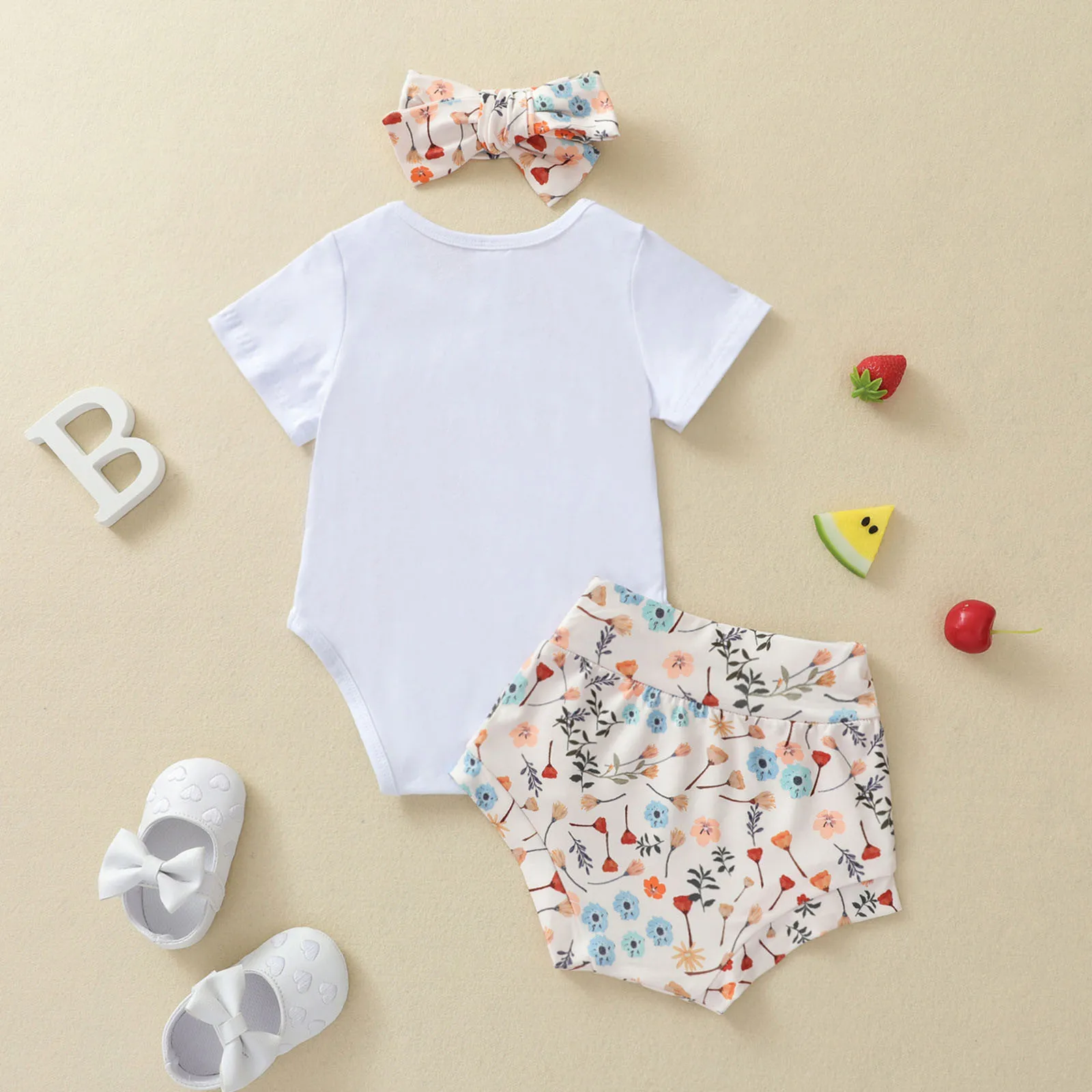בנות תינוק שרוול קצר מכתב רומפר בגד הדפסי פרחים קצרים תלבושות תואמות תינוק ובגדי ילדה