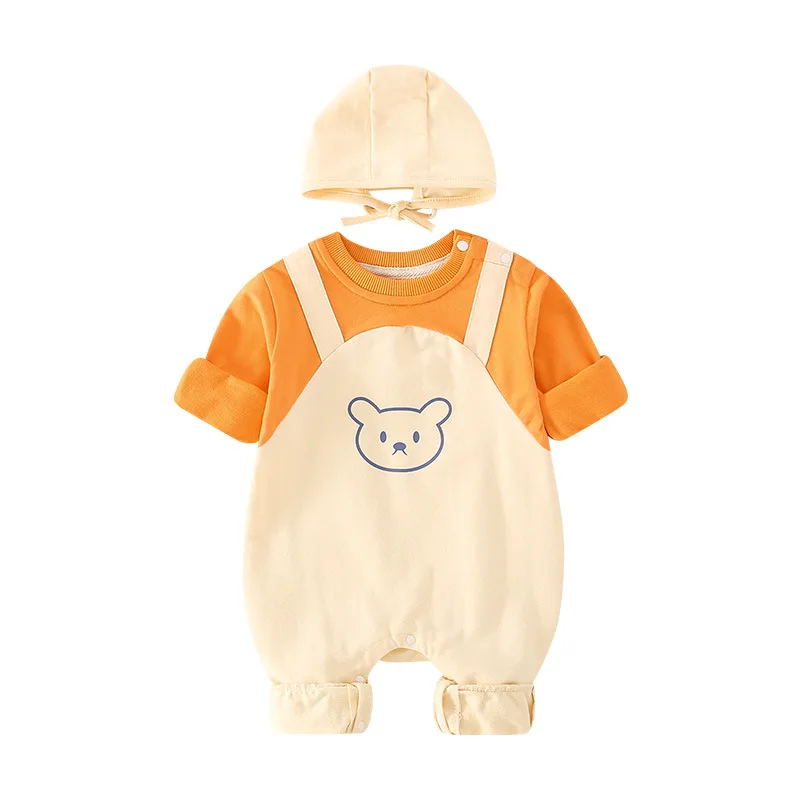 2023 אביב סתיו התינוק בנים Rompers כותנה טלאים דוב שרוול ארוך לתינוק ילדים יחיד עם כובע היילוד בנים תלבושות