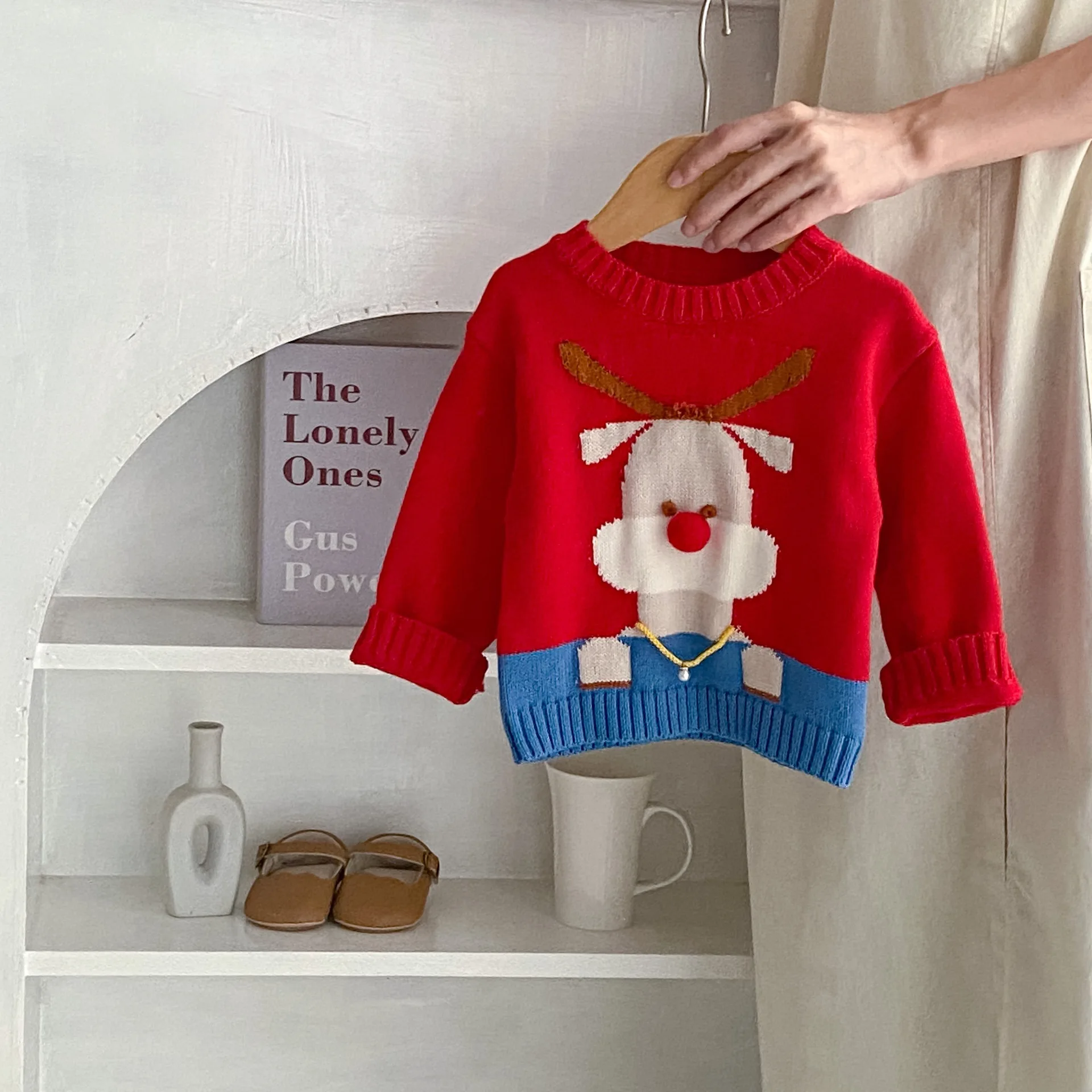 תוספות 2023 סתיו ילדה סוודר כותנה סרוגים אדום חג המולד אייל אקארד שרוול ארוך לתינוק בנות לכל היותר פעוטה Pullovers