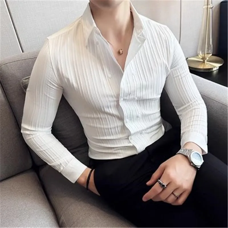 יוקרה עיצוב עסקים חולצת גברים פונים למטה-צוואר שרוול ארוך חולצות זכר גדול פסים כפול עם חזה Camisa גברים ביגוד 2023
