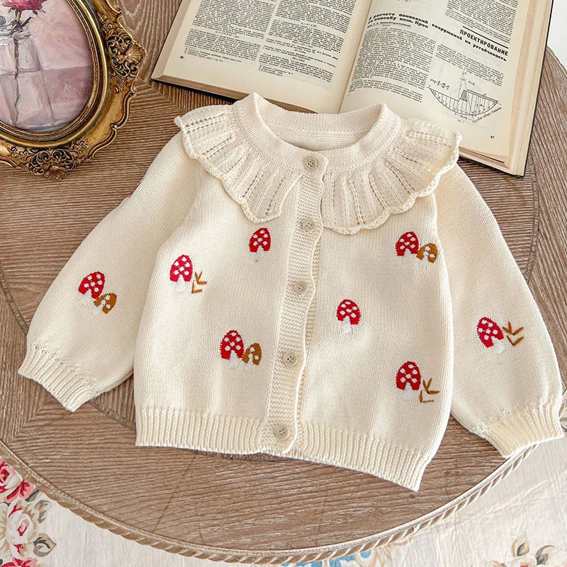 התינוק סריגים רקום Strawberryr מעיל לבת סוודר כותנה, תחרה צוואר עגול סתיו אביב התינוק קרדיגן סריגים