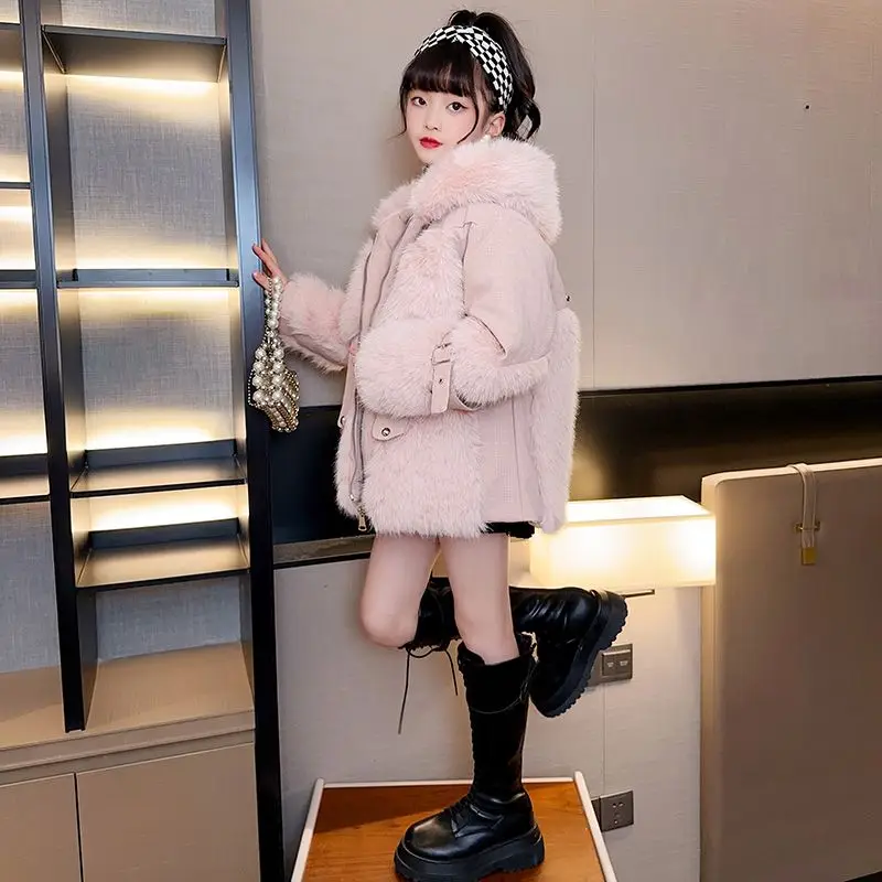 2023 החורף הבנות עם ברדס הפרווה מעיל קטיפה מעובה חם אופנה קוריאנית רוכסן מוצק בגדי ילדים ליידי שיק 5-12 שנים