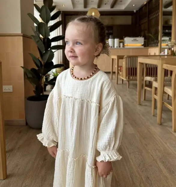 תוספות פאף שרוול ילדים שמלה בנות ארוך רגיל בז ' תינוק כותנה פשתן קלאסי לילדים בגדים מוצק Bebes Ruffe שמלות פשוטות