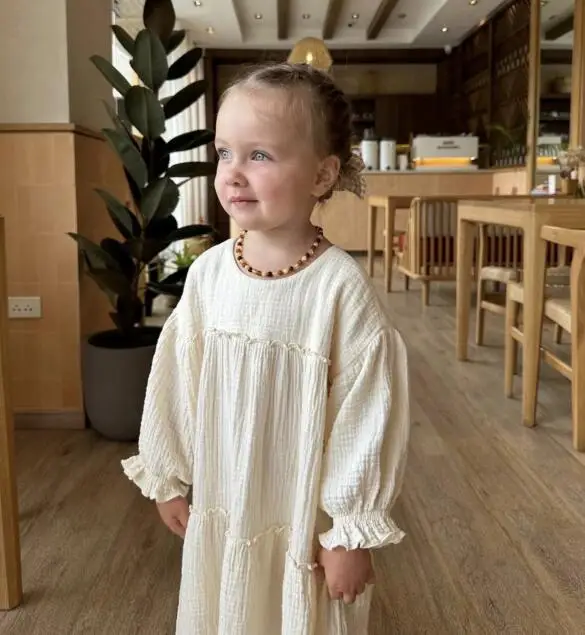 תוספות פאף שרוול ילדים שמלה בנות ארוך רגיל בז ' תינוק כותנה פשתן קלאסי לילדים בגדים מוצק Bebes Ruffe שמלות פשוטות